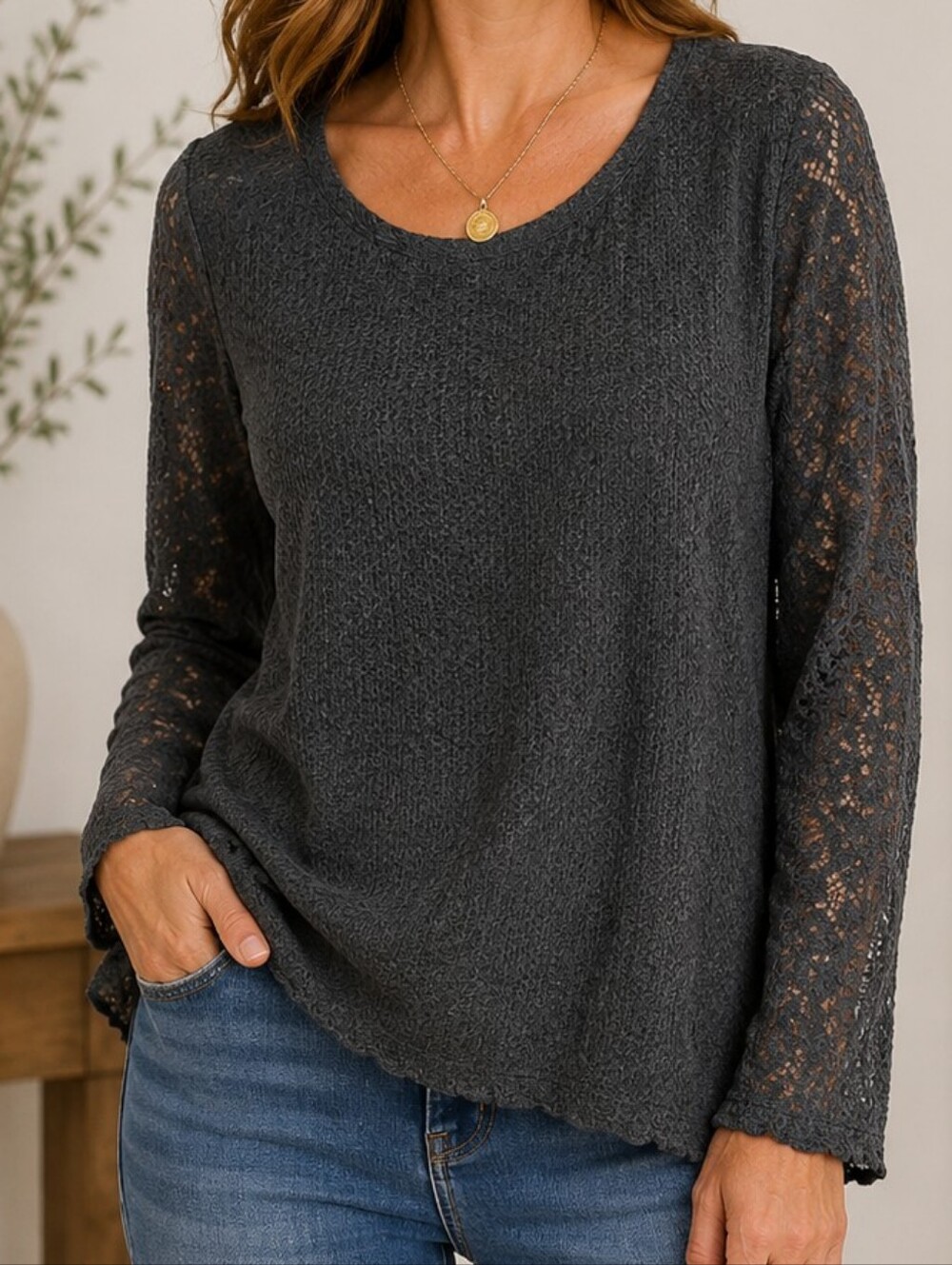 One September Anthropologie  Mixed Media Lace Sweater Top Small
